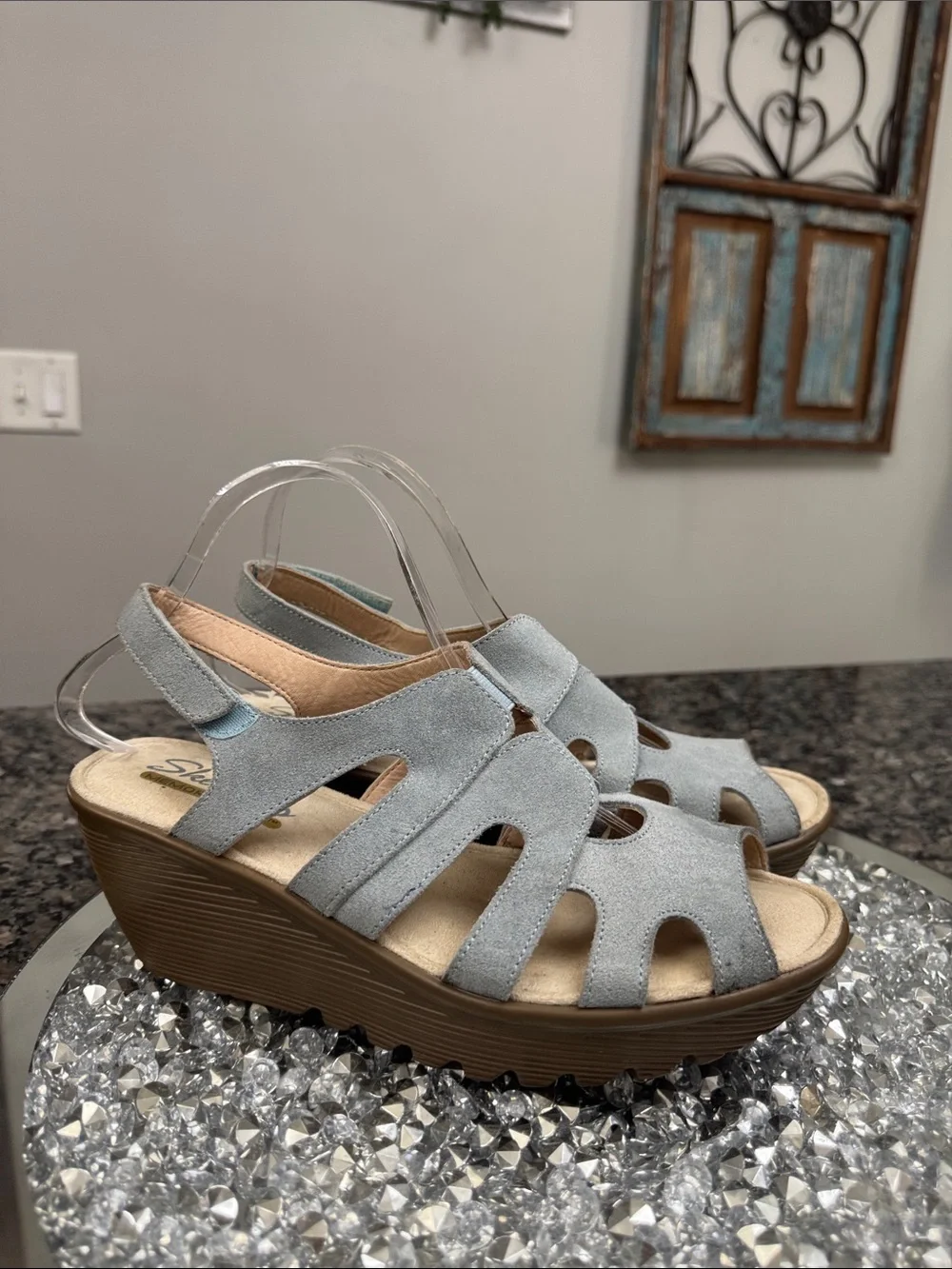 Skechers Light Gray blue Suede Wedge Sandal with Tan Platform 9